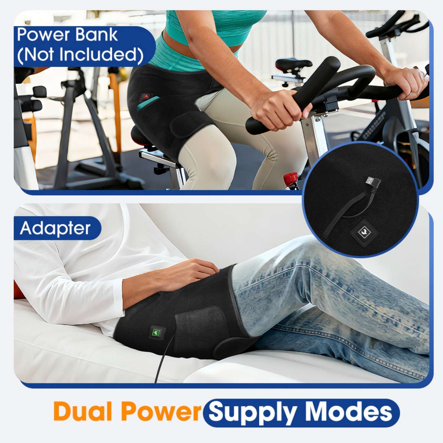 Person auf Heimtrainer und Person auf Sofa tragen Heiz-Hüftgurt.
