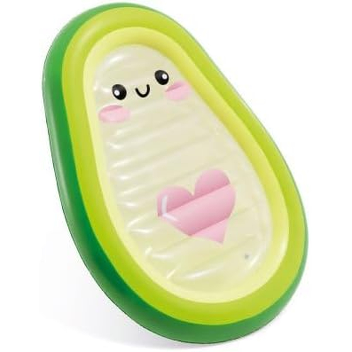 Grüner Avocado-Poolfloat mit süßem Gesicht und rosa Herzen.
