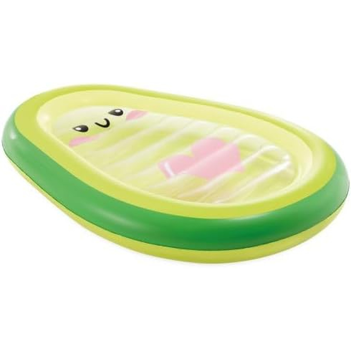 Aufblasbarer Pool in Avocadoform mit süßem Gesicht und rosa Herzen.