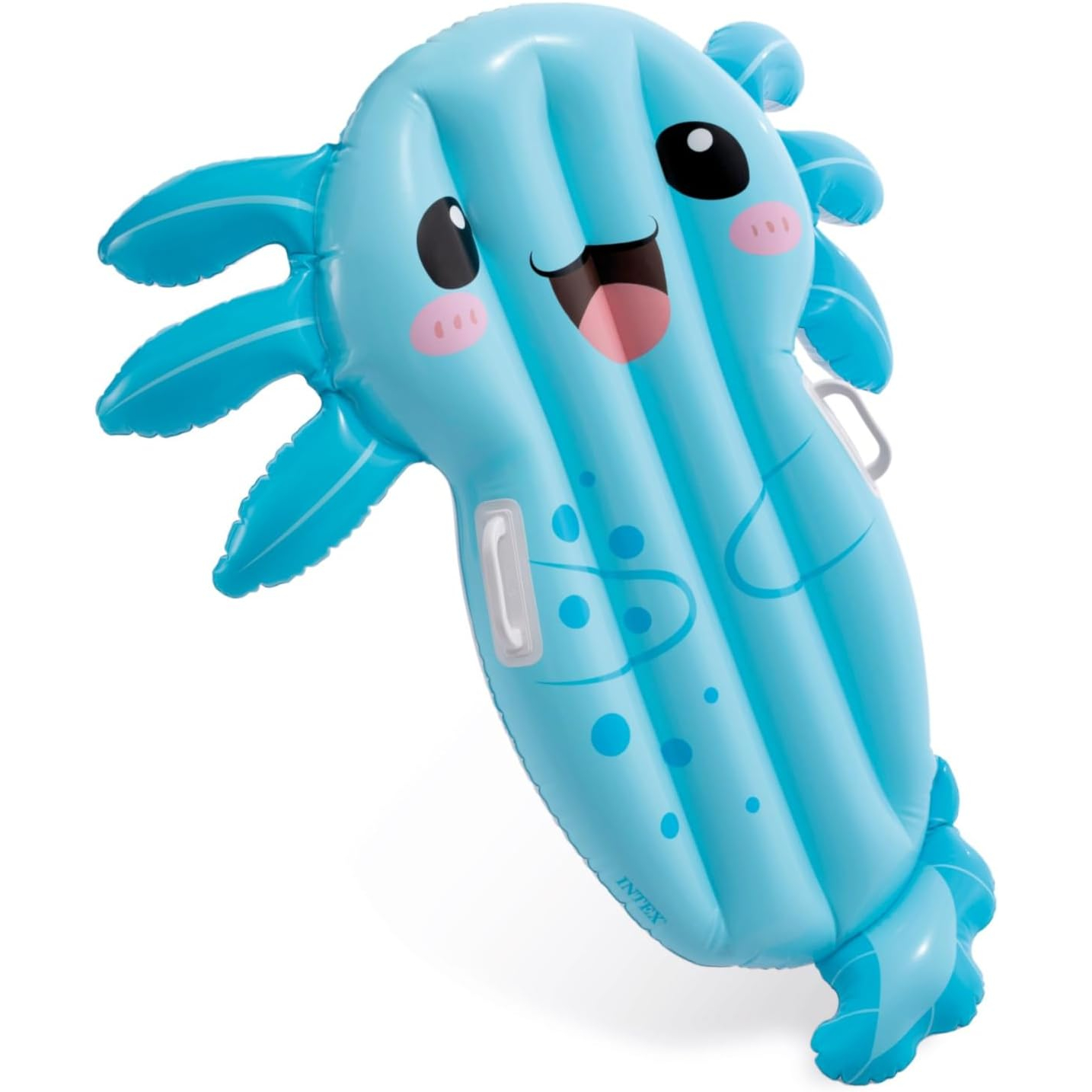 Aufblasbarer blauer Axolotl-Schwimmkörper mit großen Augen und breitem Grinsen.