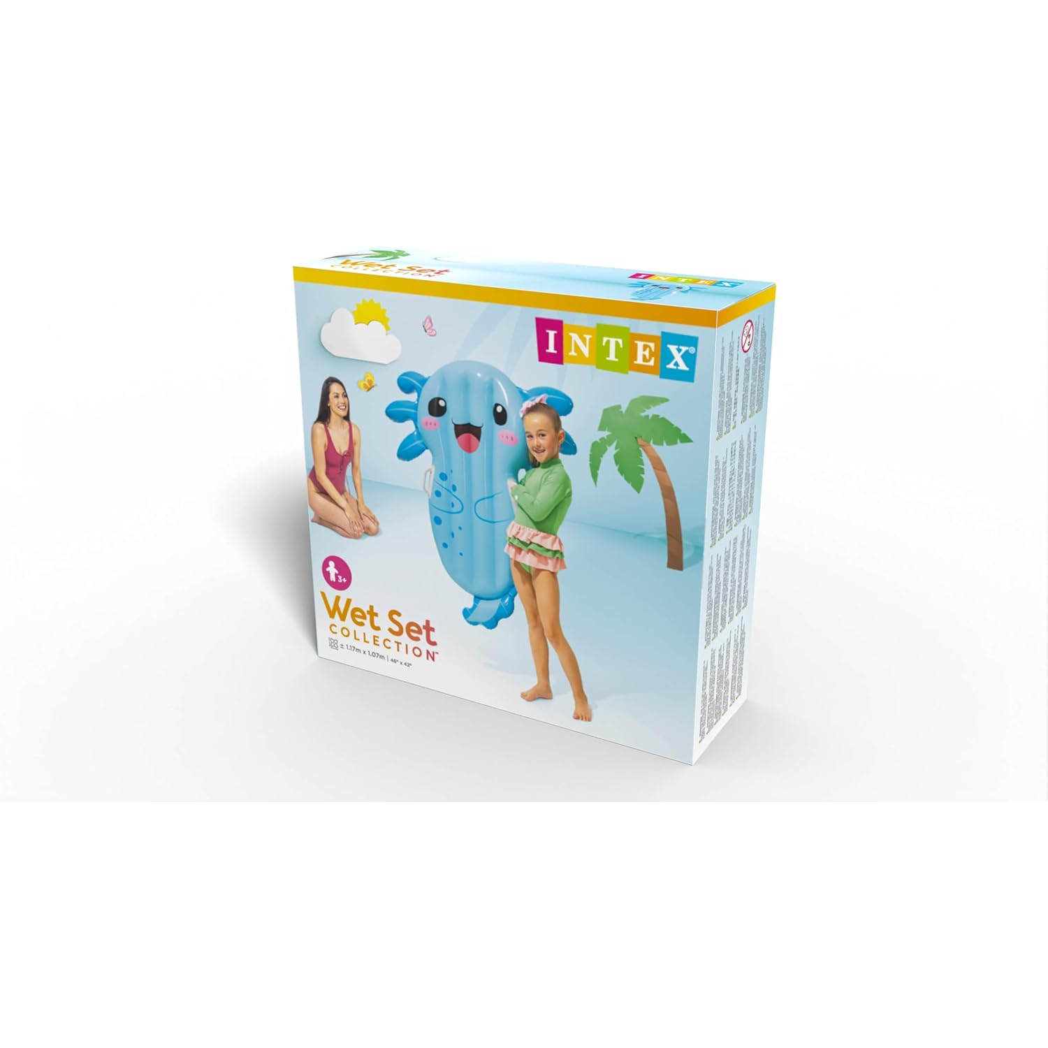Intex Wet Set Collection Karton mit aufblasbarem Blauwal, Mädchen, Frau, Palme, Sonne.