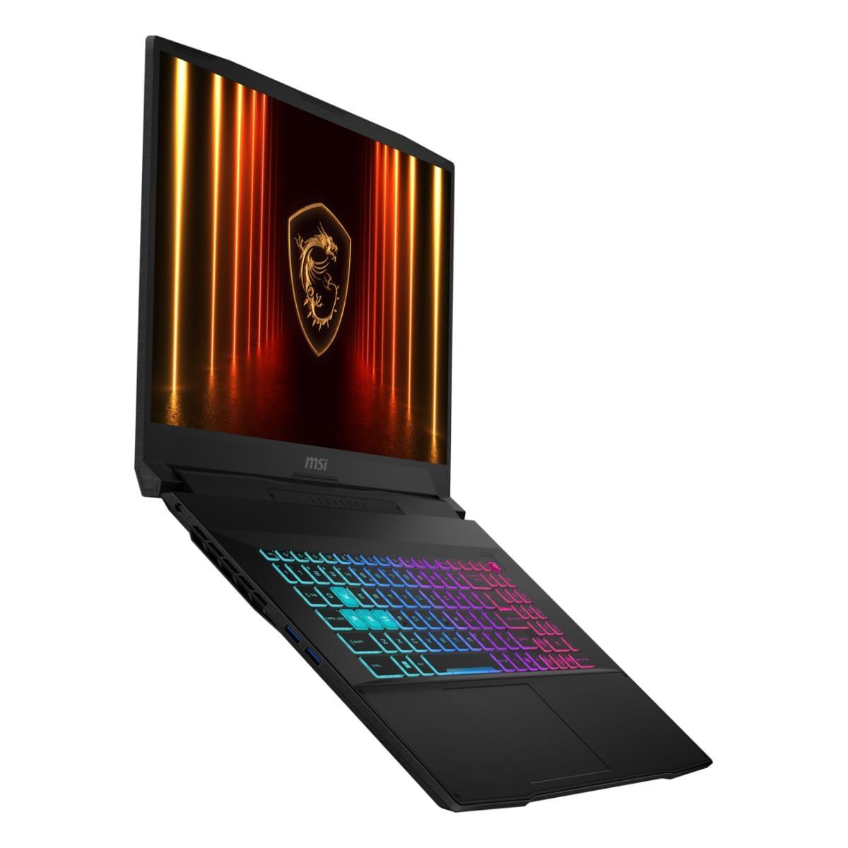 Schwarzer Laptop mit beleuchteter Tastatur und MSI-Logo auf dem Bildschirm.