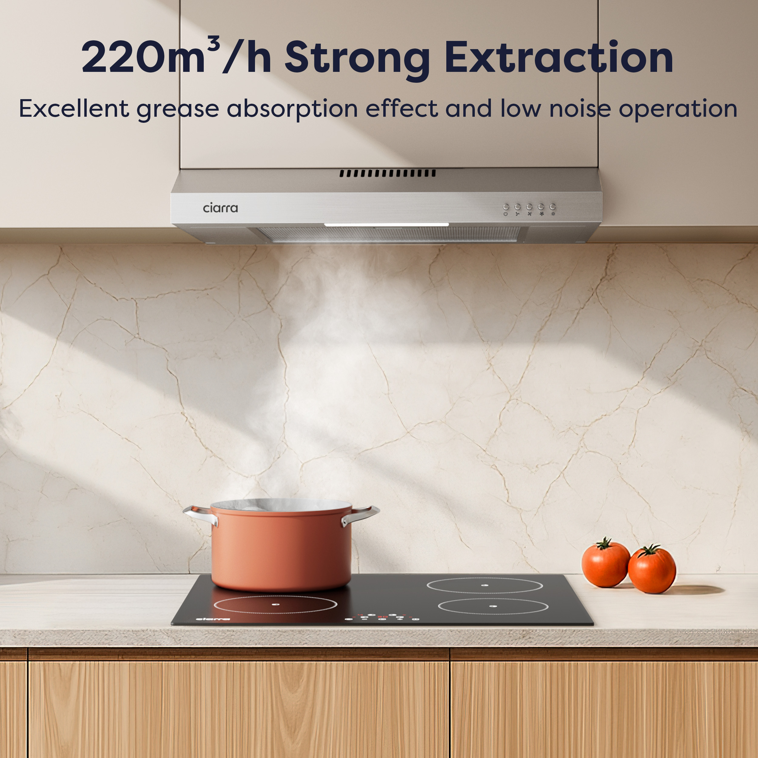 A stovetop with a pot and tomatoes below a range hood.