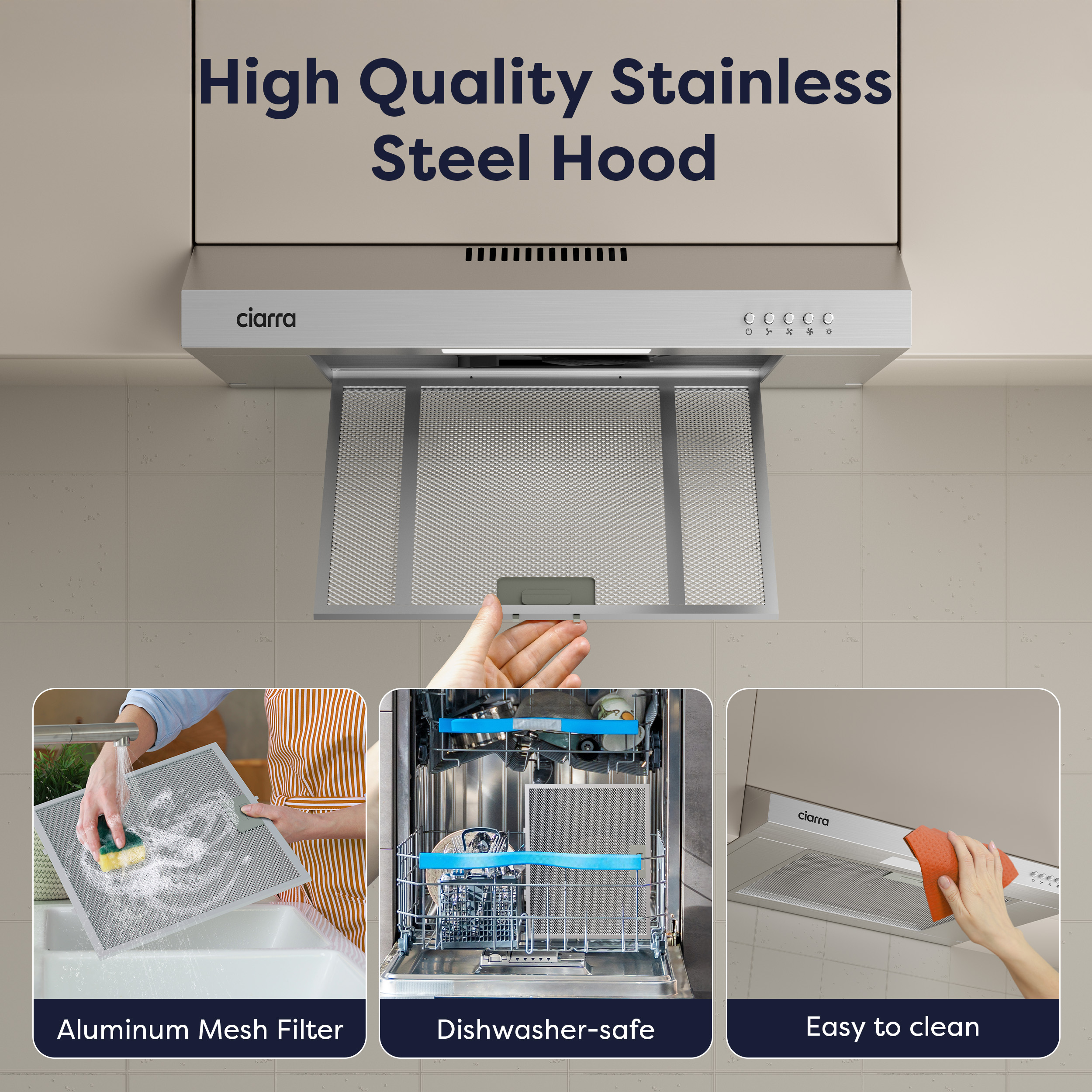 Stainless steel hood with aluminum mesh filter, dishwasher-safe and easy to clean.