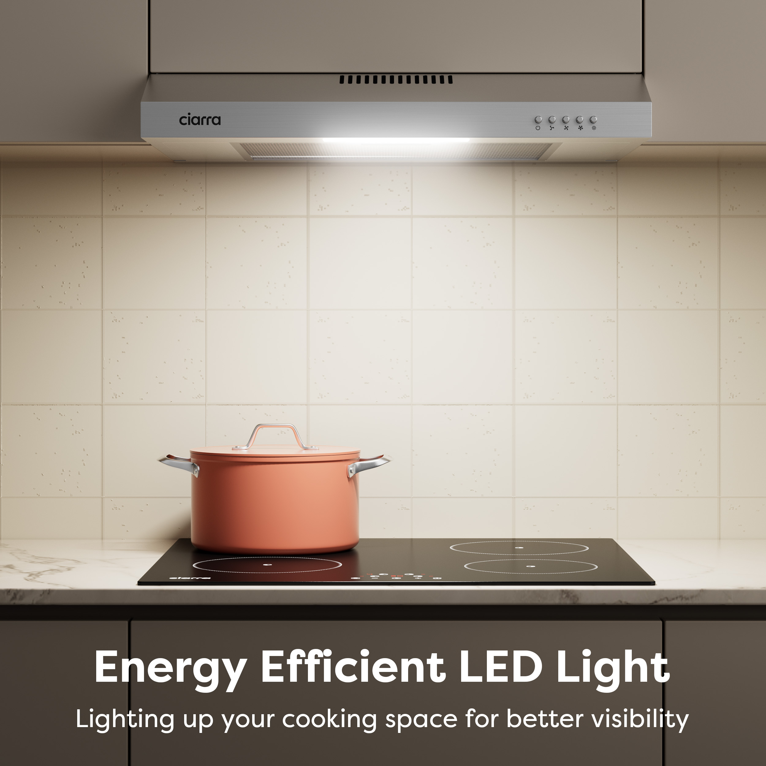 A kitchen hood with LED light above a stovetop with a pot.