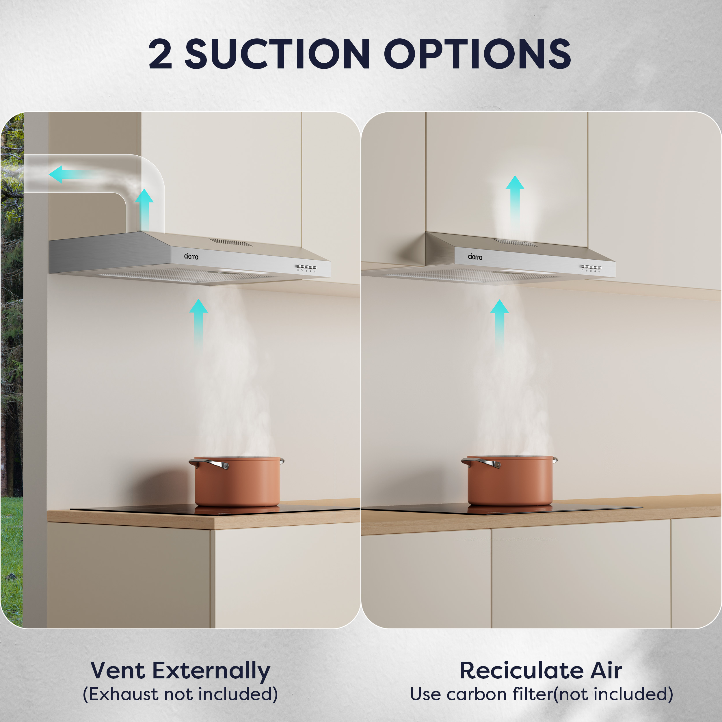 Two suction options: left shows external venting, right shows air recirculation.