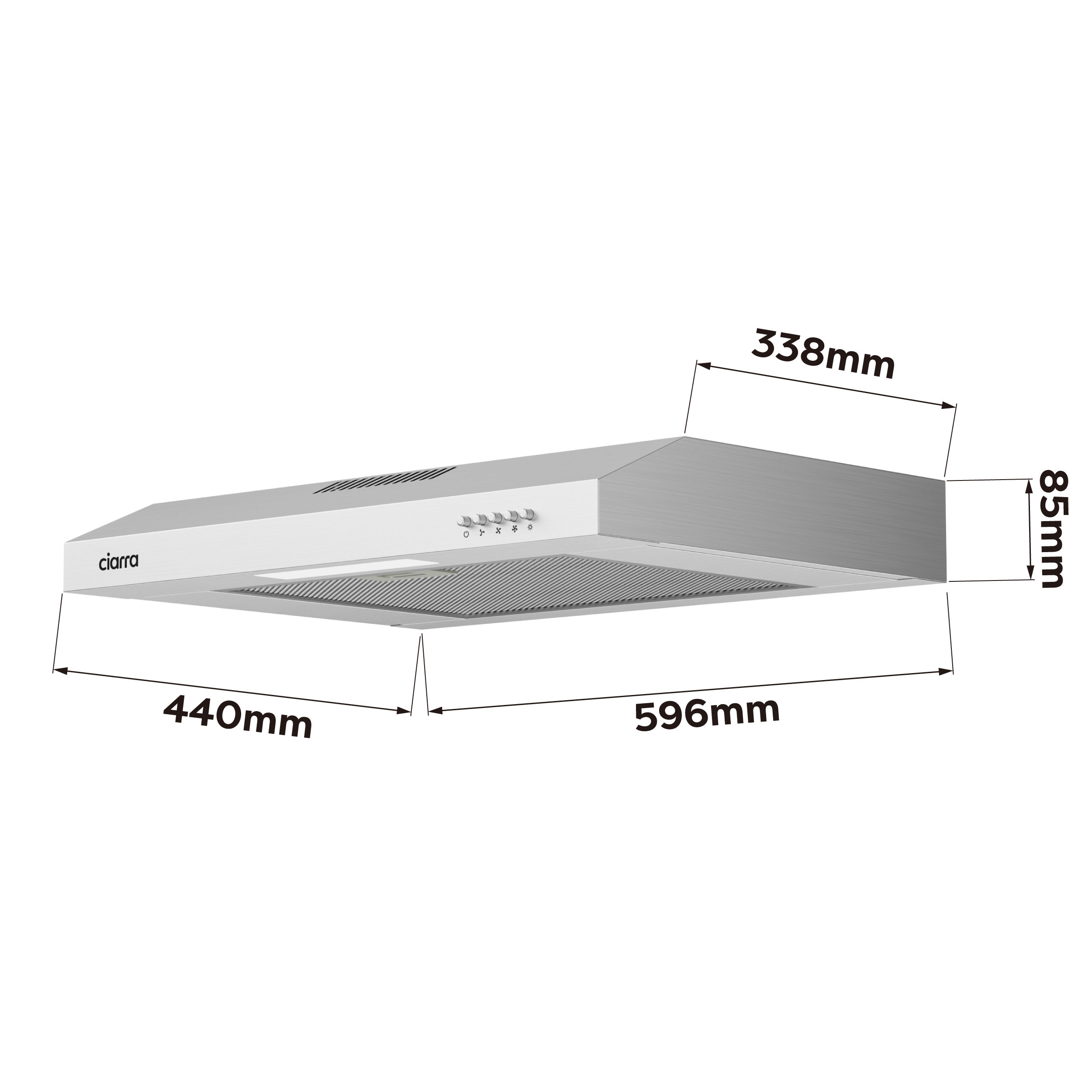 A silver cooker hood with dimensions 596x440x338mm.