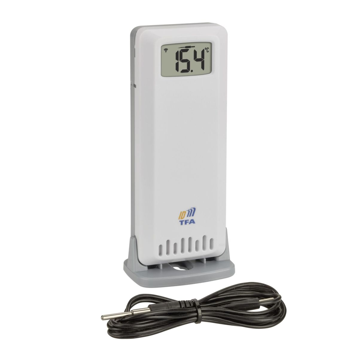 Ein weißes TFA-Digitalthermometer mit grauer Basis und Kabel.