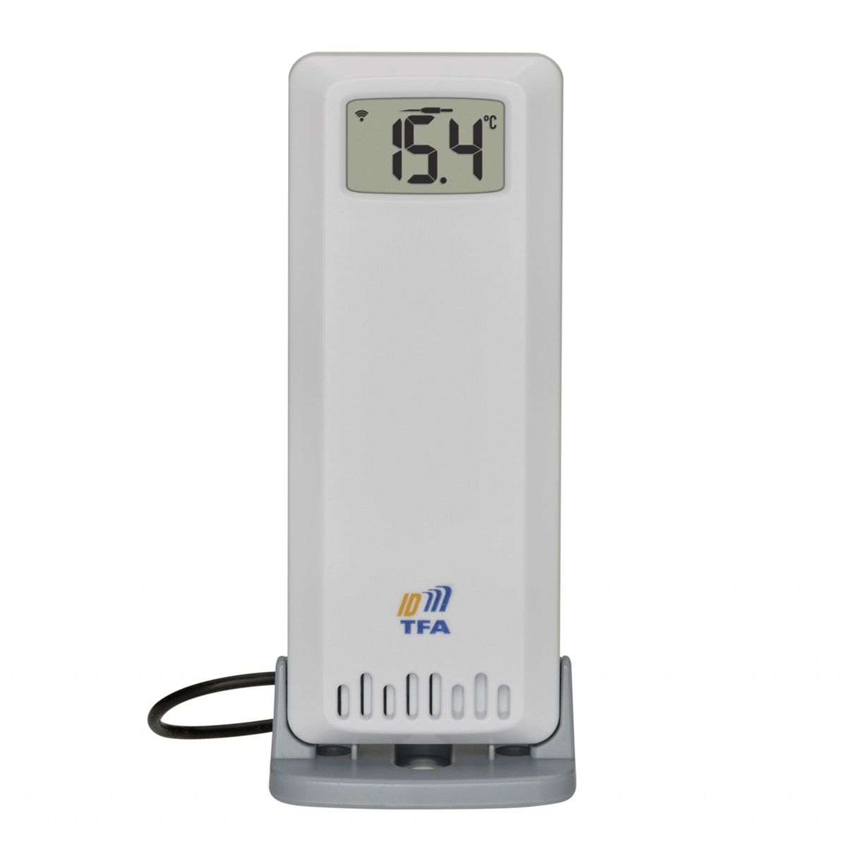 Ein weißes TFA-Digitalthermometer mit 15,4°C Anzeige und grauer Halterung.