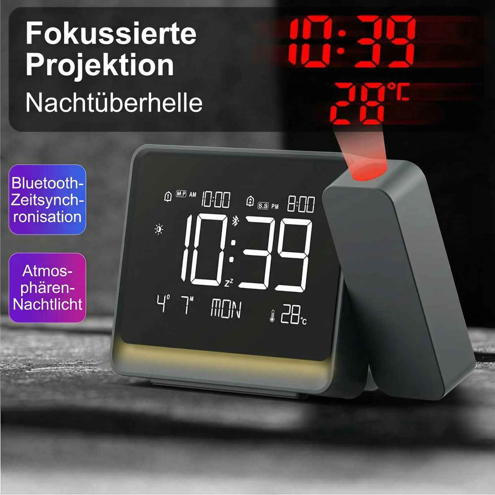 Digitaluhr mit roter Projektion von Zeit und Temperatur, Bluetooth.