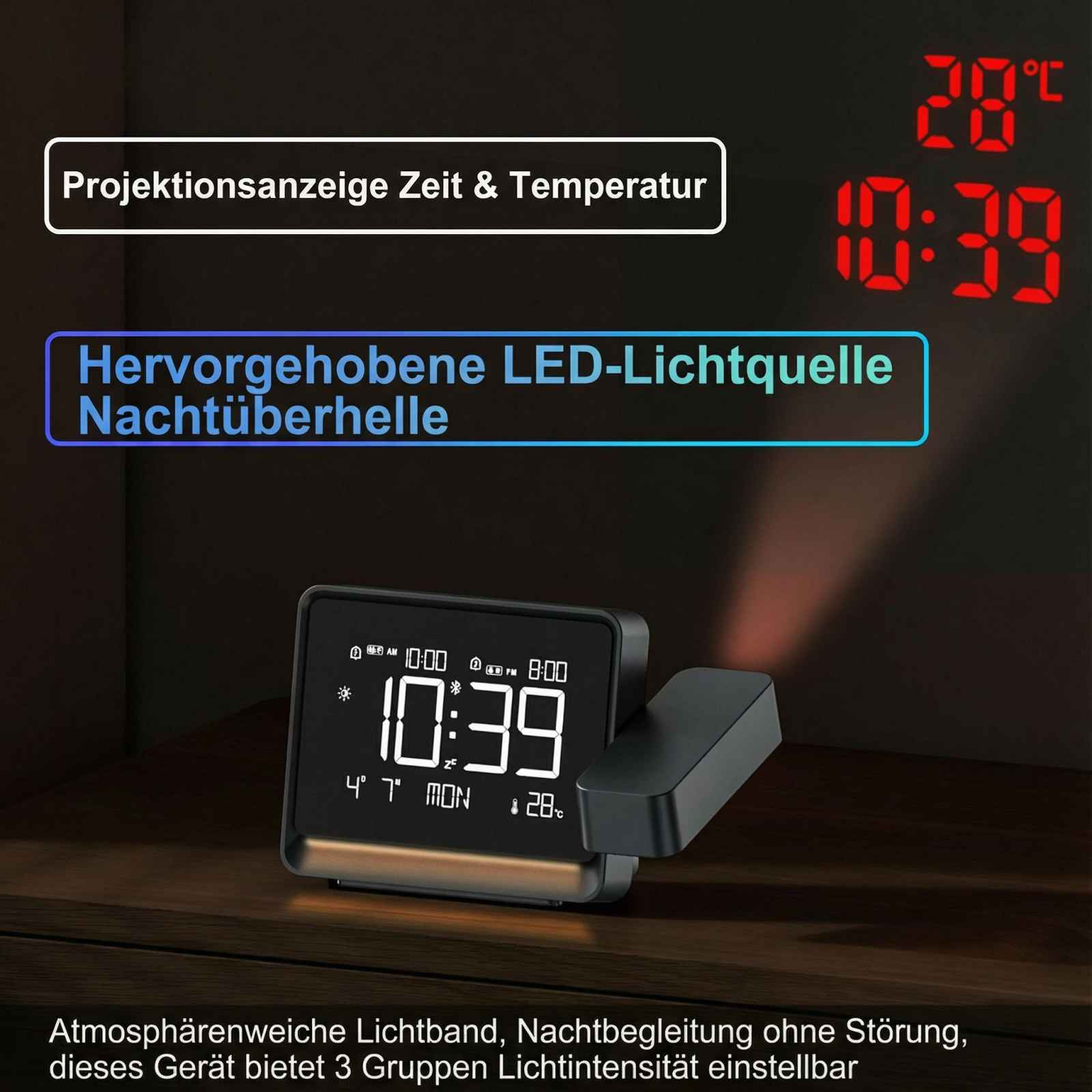 Digitaluhr mit Temperaturanzeige, Projektion und Nachtlichtfunktion.
