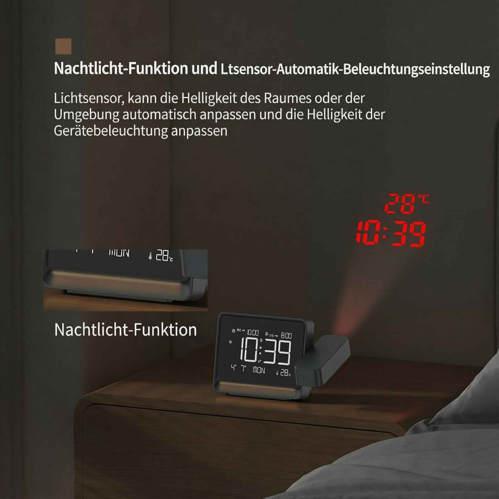 Ein Nachttisch mit zwei digitalen Uhren, die Zeit und Temperatur anzeigen.
