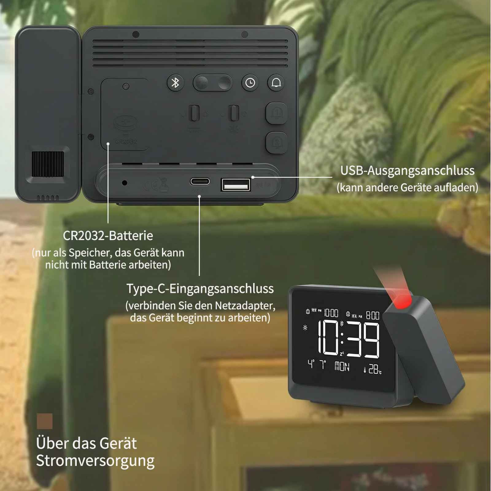 Digitaler Wecker mit Projektion, USB-Anschlüssen und Batteriefach.