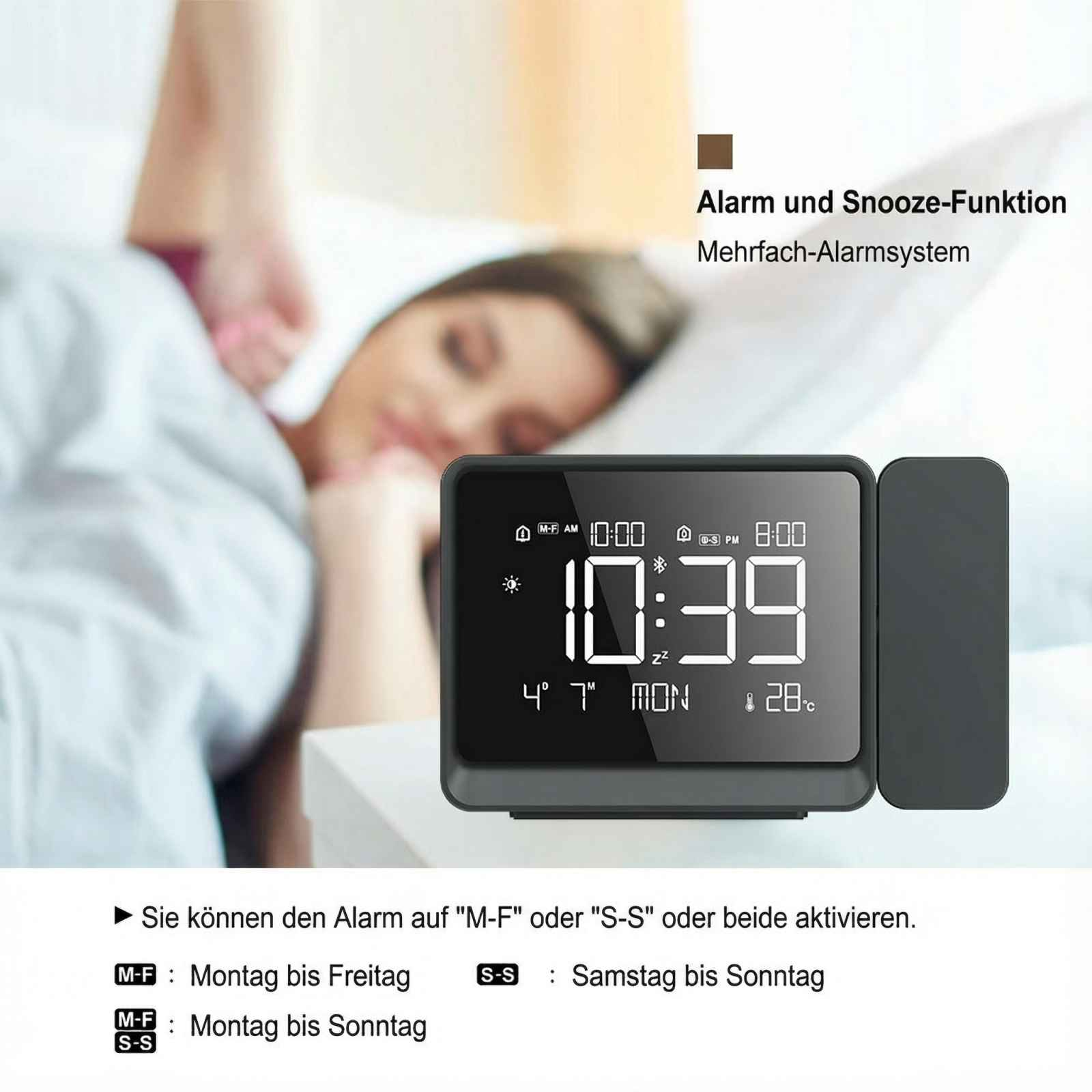 Digitaluhr mit Alarmfunktion zeigt 10:39 Uhr, Temperatur 4°C, und 28°C.