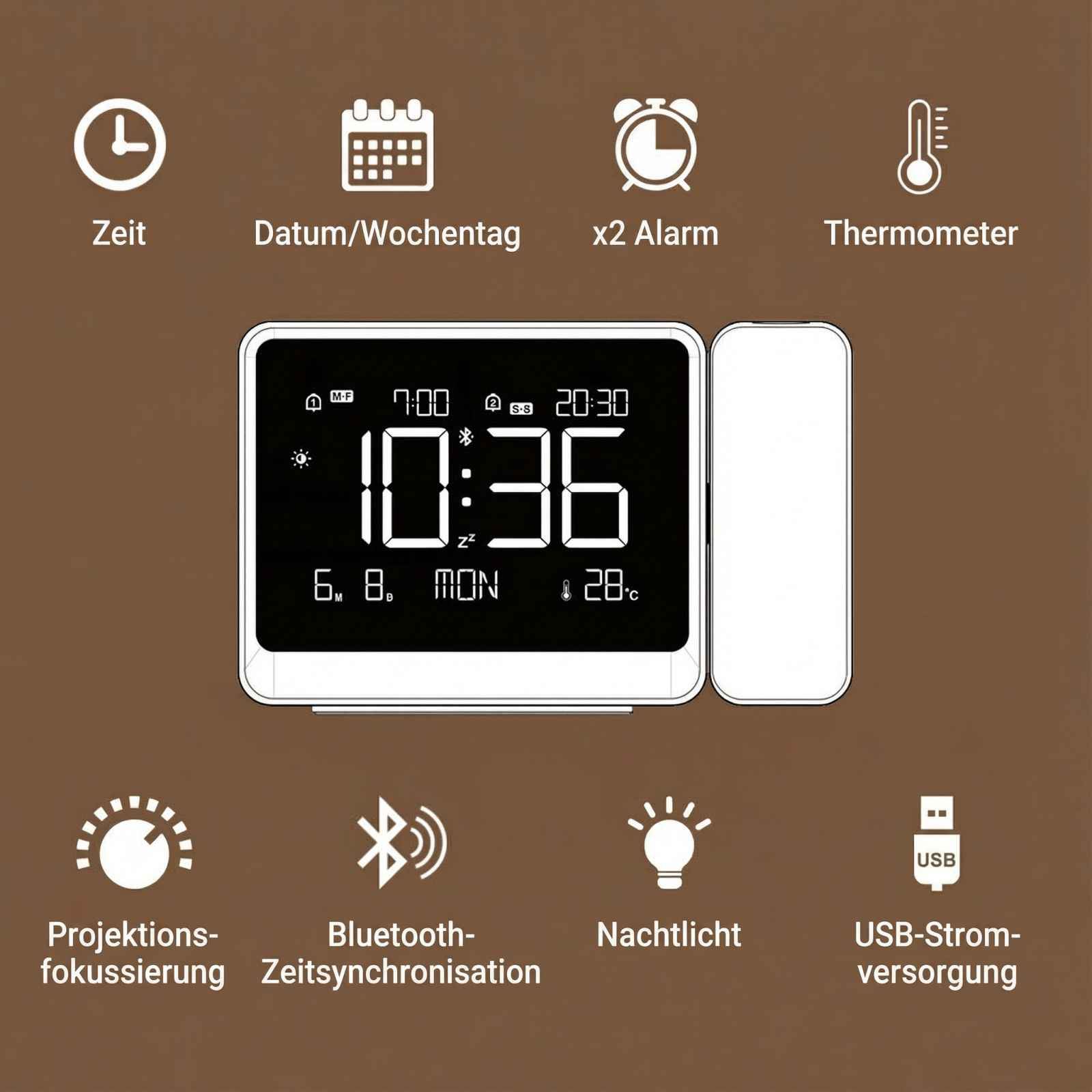 Digitaler Wecker mit Zeit, Datum, Alarm, Thermometer, Projektion, Bluetooth und Nachtlicht.