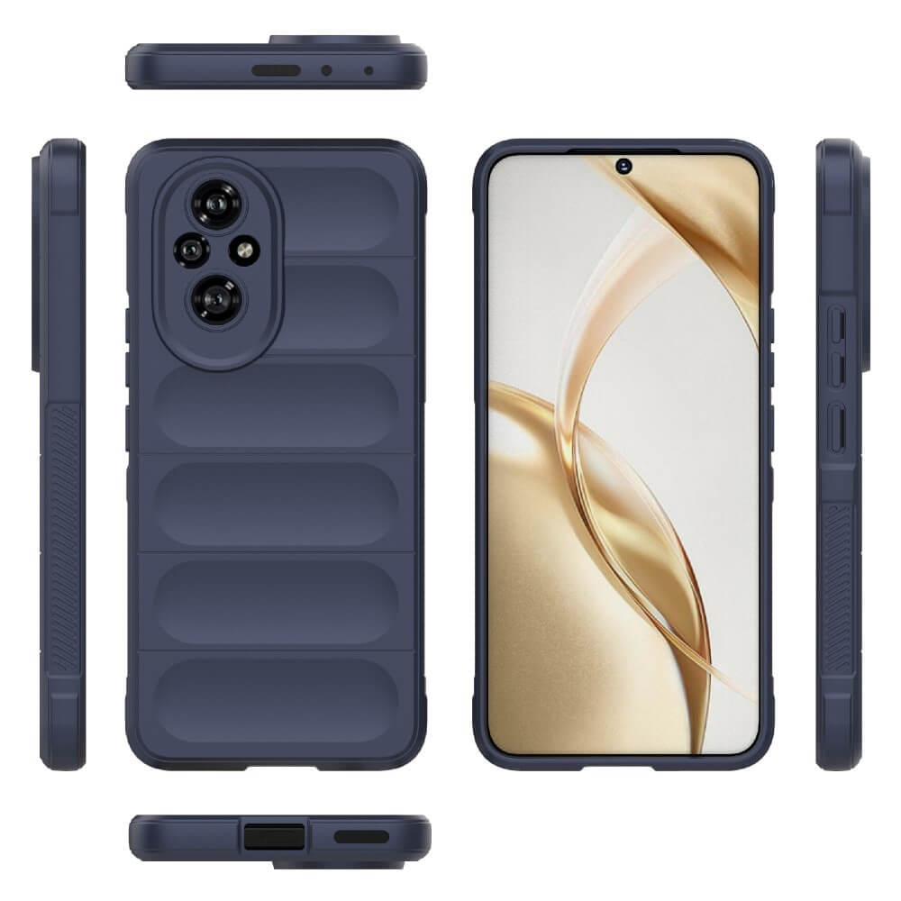 Set di custodie per telefono blu scuro mostrato da più angolazioni, fronte e retro.