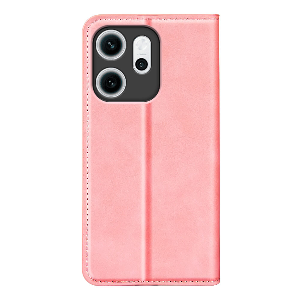 Una custodia rosa per telefono con tre obiettivi della fotocamera sul retro.