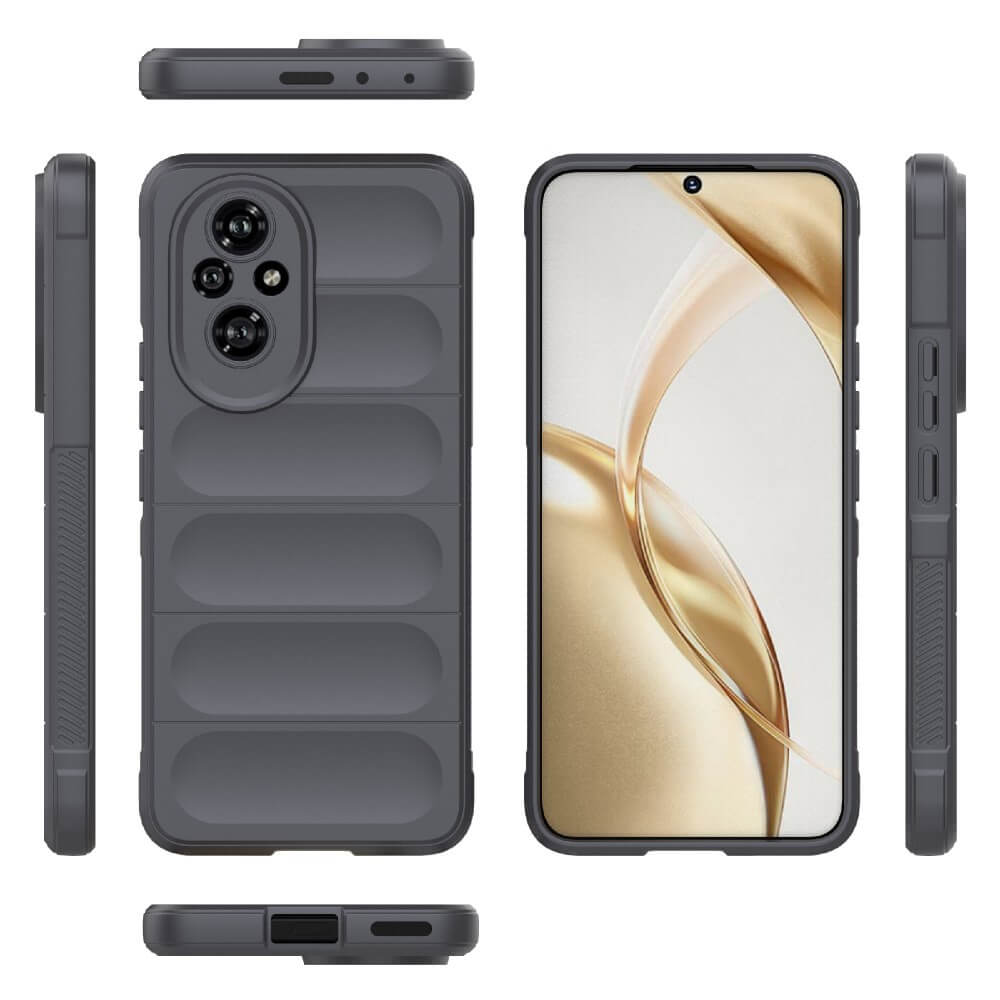 Custodia grigio scuro per telefono con protezione fotocamera e scanalature orizzontali. Mostra viste frontale, posteriore e laterali.