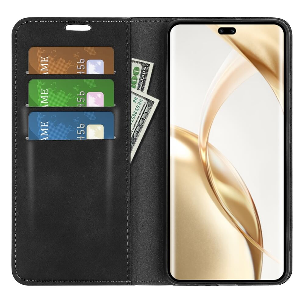 Un portafoglio nero con carte di credito e banconote accanto a uno smartphone.