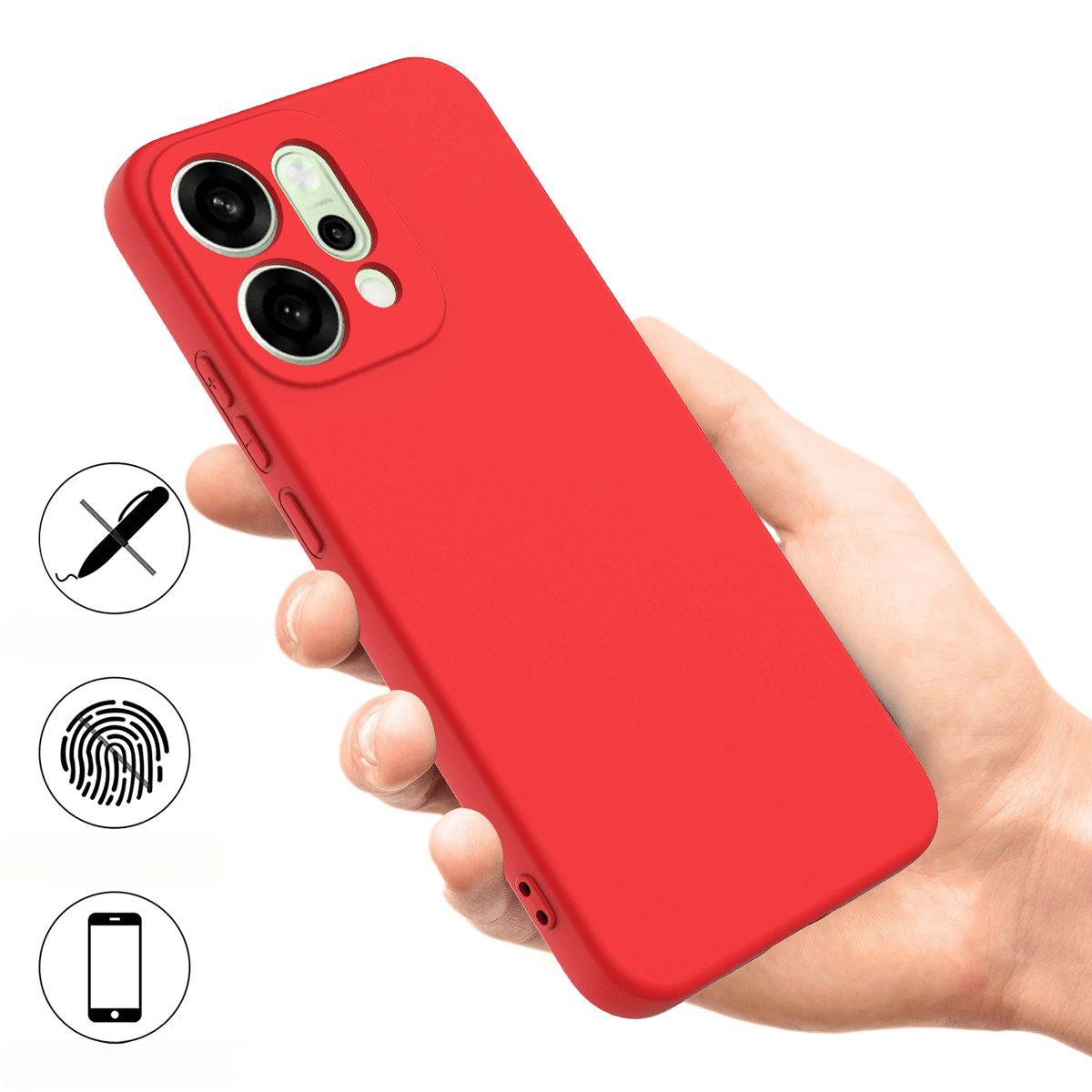 Cover rossa per telefono in mano, con icone per penna, impronta e telefono.