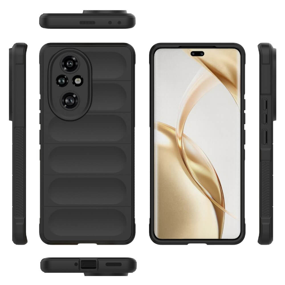 Custodia nera per telefono vista da più angolazioni con sporgenza fotocamera e schermo aperto.