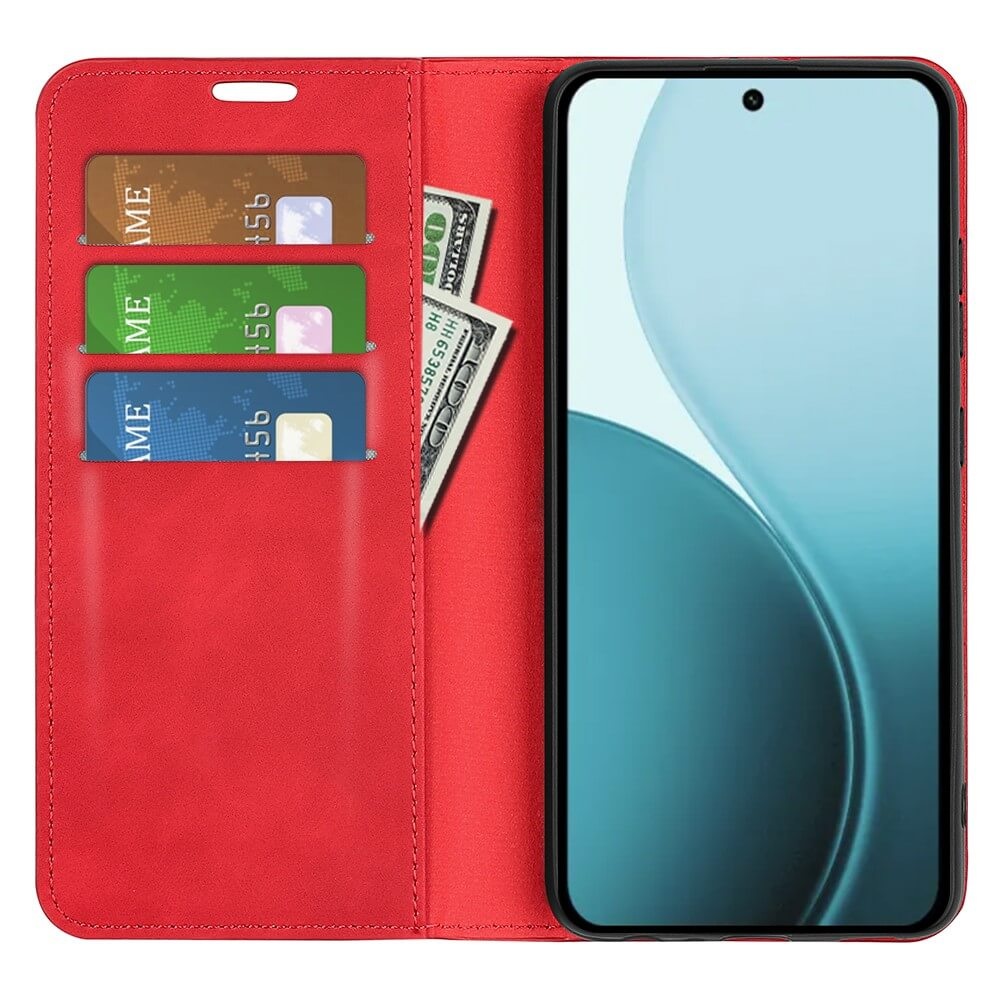 Custodia rossa per telefono con slot per carte e banconote accanto a uno smartphone.