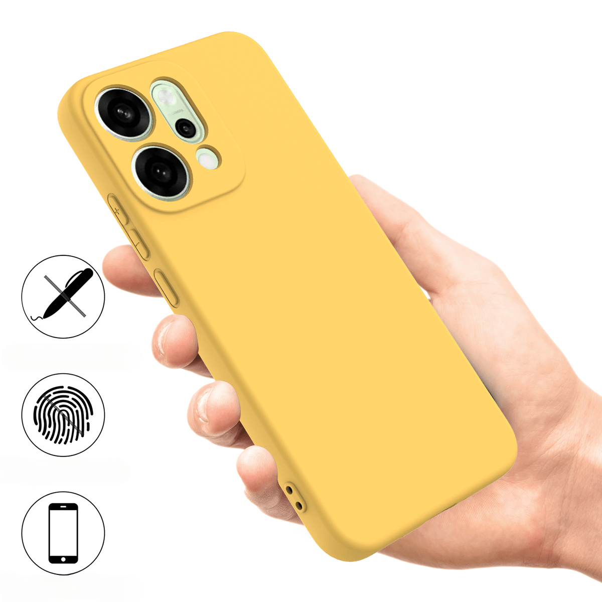 Custodia gialla per telefono con fotocamere e icone per impronte e penna.