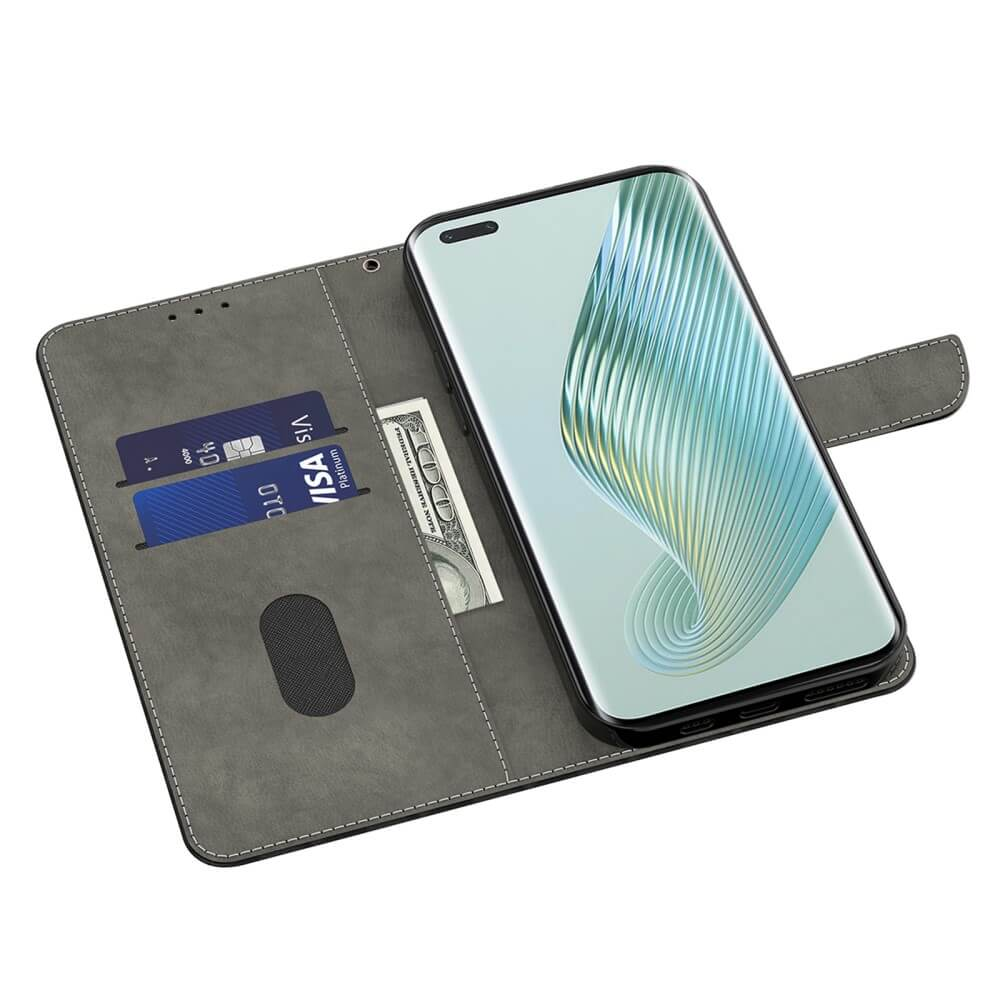 Custodia grigia per telefono con slot per carte, banconota e smartphone.