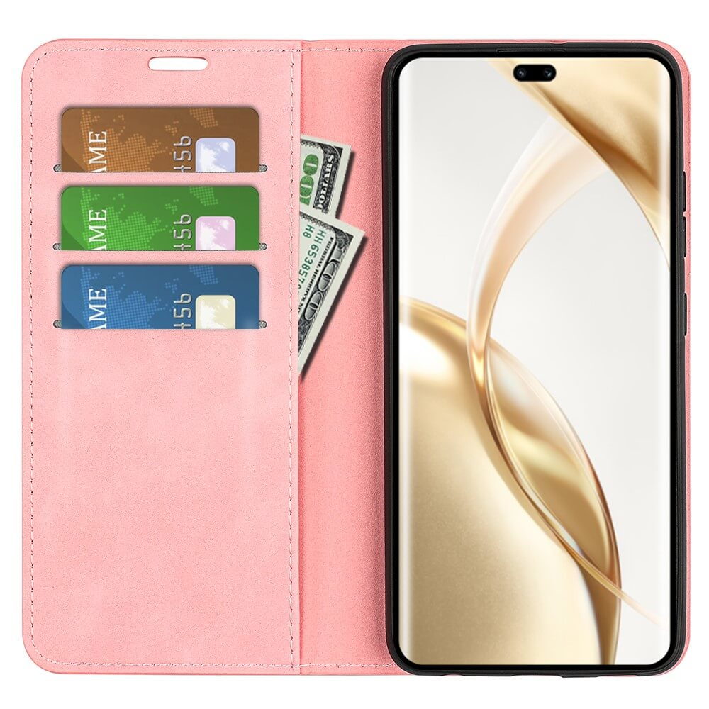 Una custodia rosa per telefono con tre scomparti per carte e banconote.