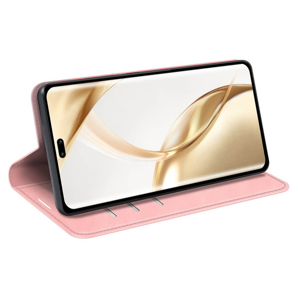 Una custodia rosa a libro per telefono, aperta, mostra uno smartphone.