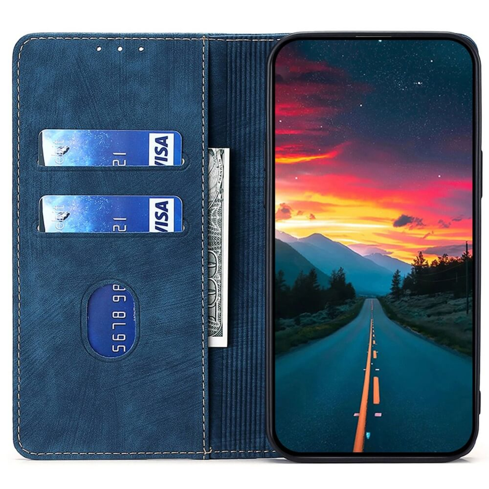 Custodia blu per telefono con slot per carte e immagine di strada al tramonto.