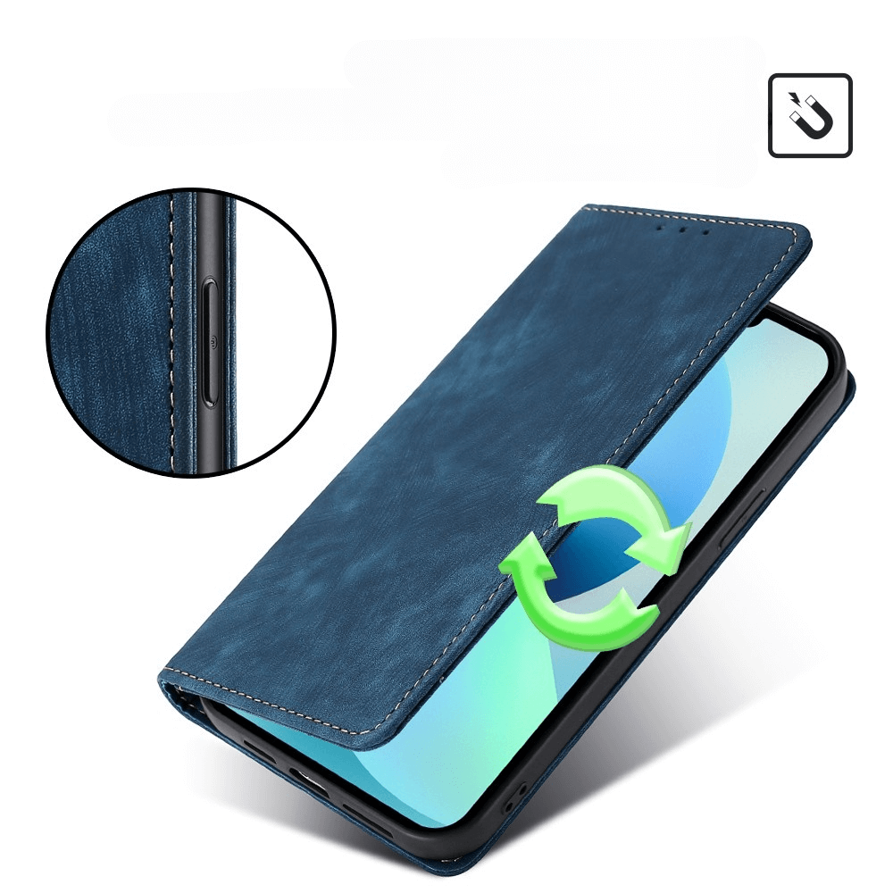 Custodia blu in pelle per telefono con chiusura magnetica e dettaglio pulsanti.