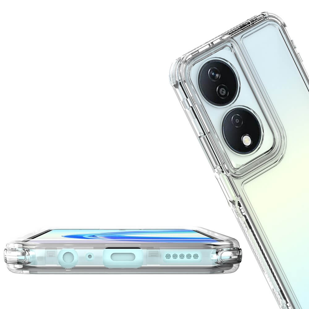Una custodia trasparente per telefono che mostra doppie fotocamere e porta di ricarica.