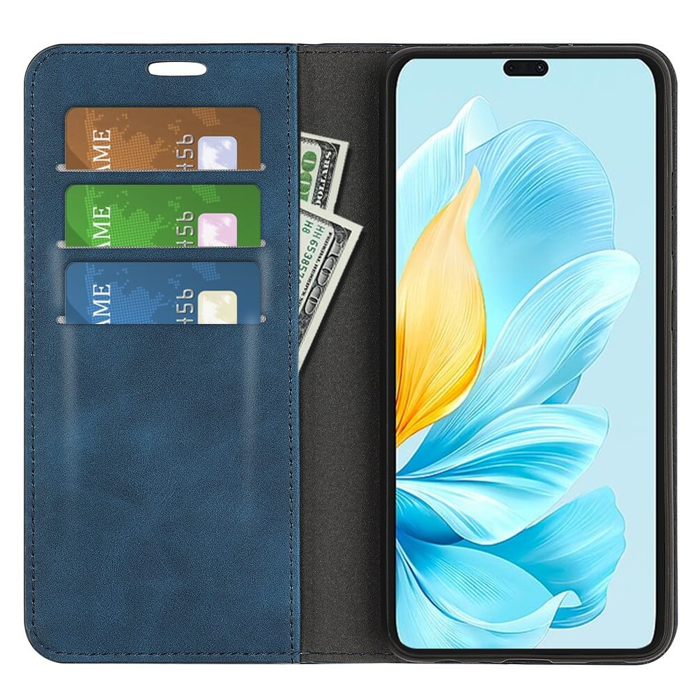 Custodia blu per telefono con slot per carte e contanti, su sfondo colorato.