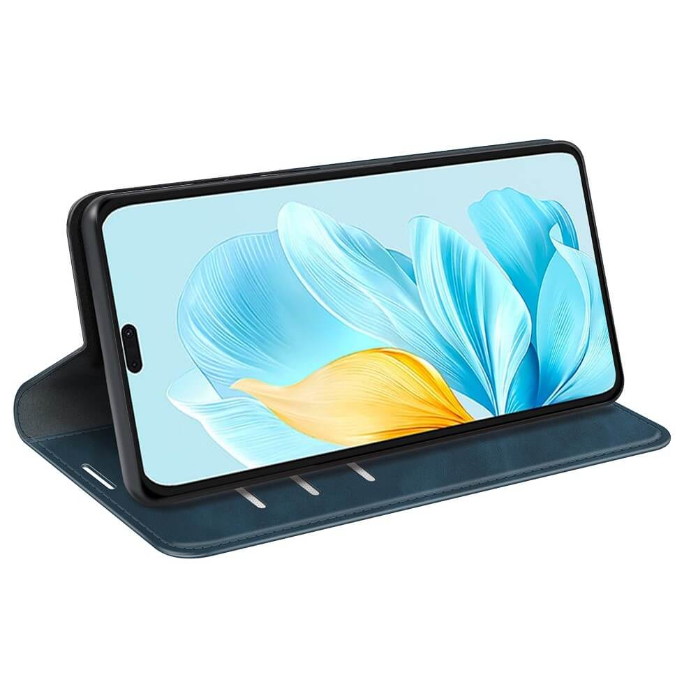 Un telefono blu in una custodia aperta con sfondo floreale.