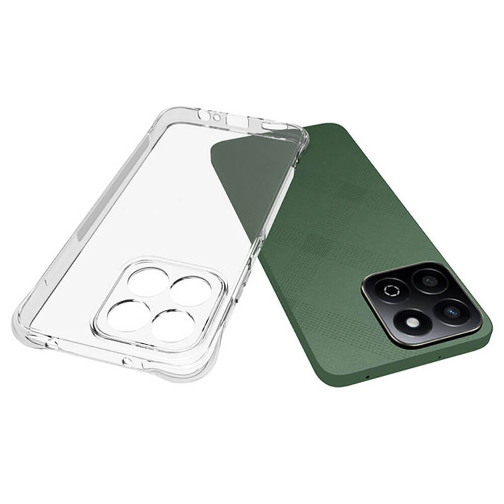 Una custodia trasparente per telefono giace accanto a un retro del telefono verde.