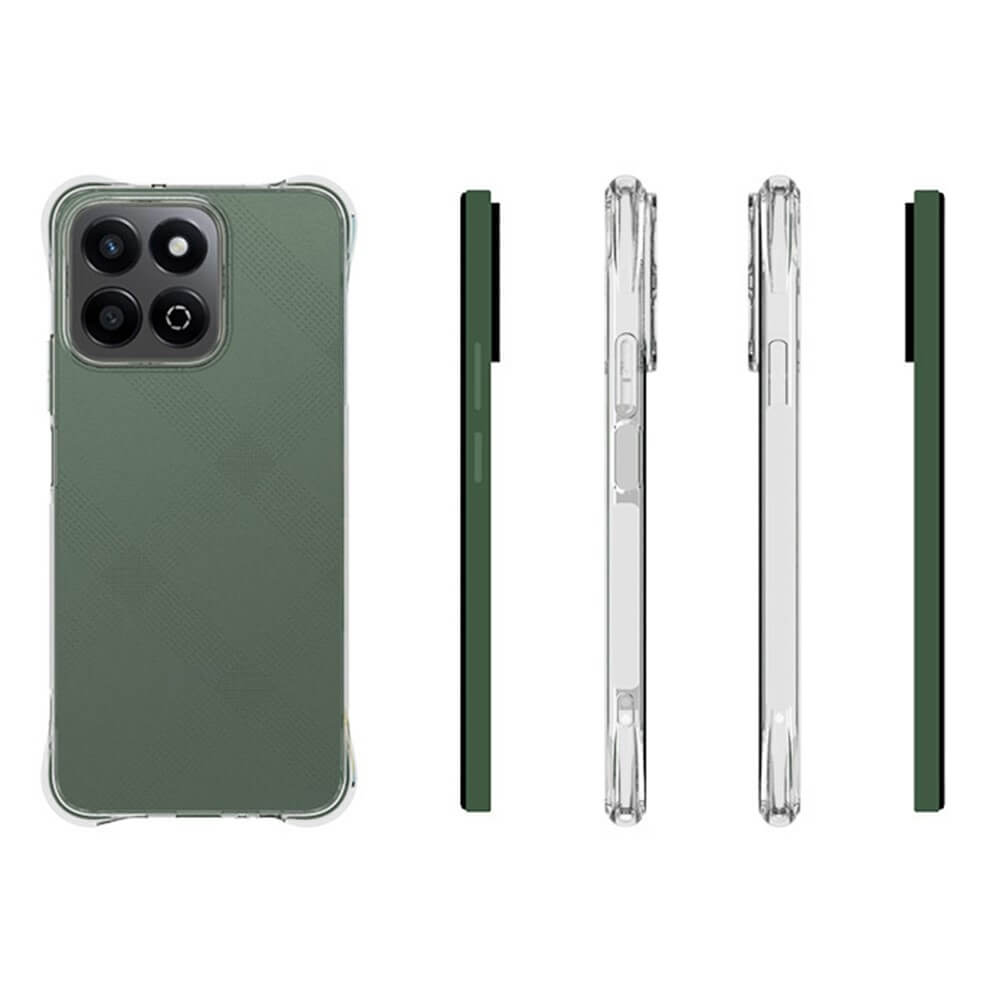 Custodia verde per telefono con quattro fotocamere. Viste laterali della custodia trasparente.