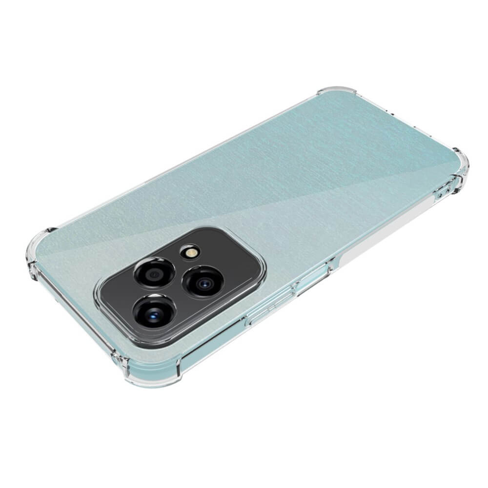 Custodia trasparente per telefono con riflessi blu e tripla fotocamera.