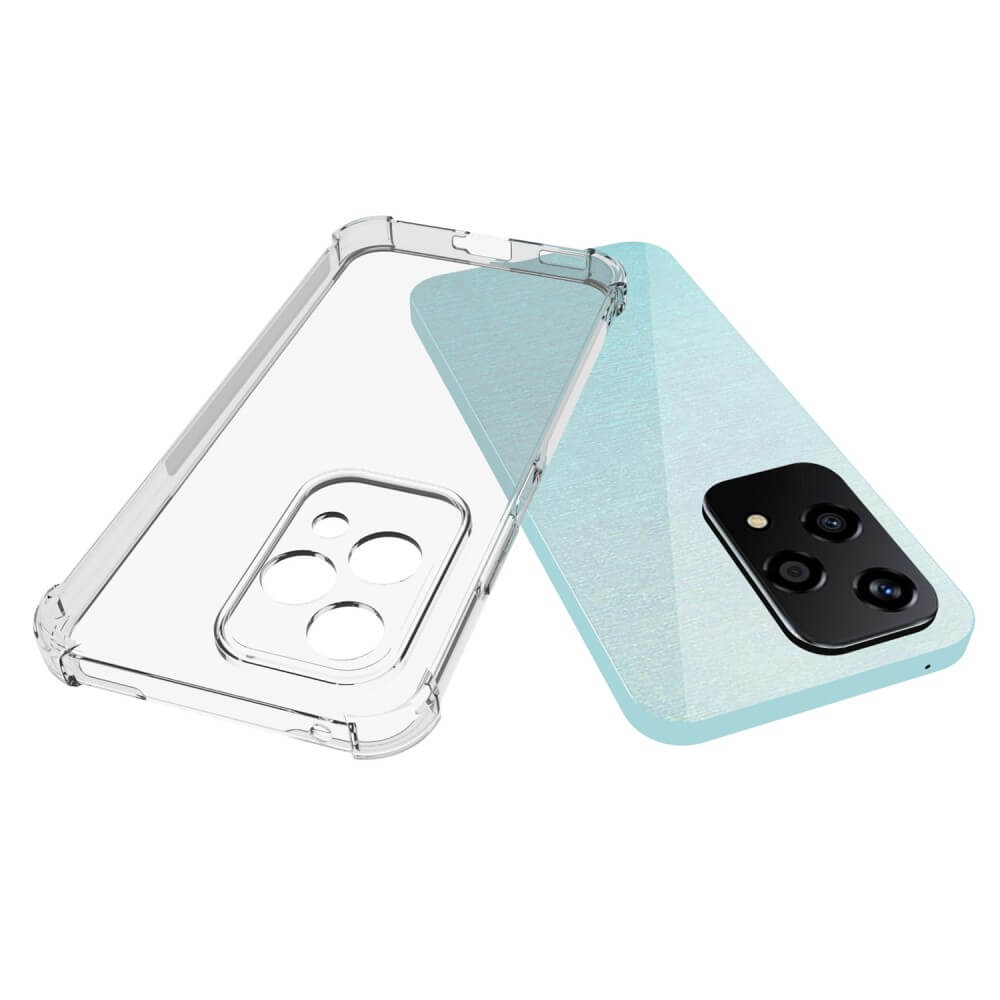 Una custodia trasparente per telefono accanto a un telefono azzurro con modulo fotocamera.