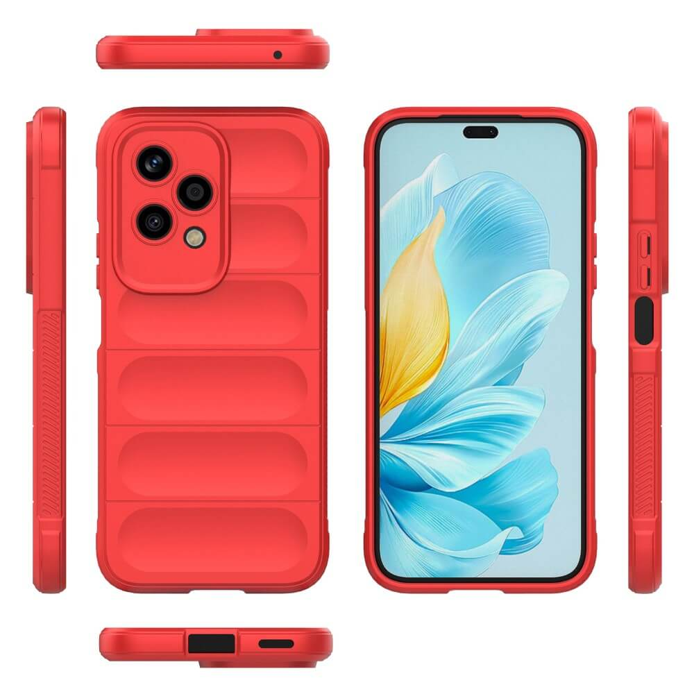 Custodia rossa per telefono con ritaglio fotocamera e vista schermo.