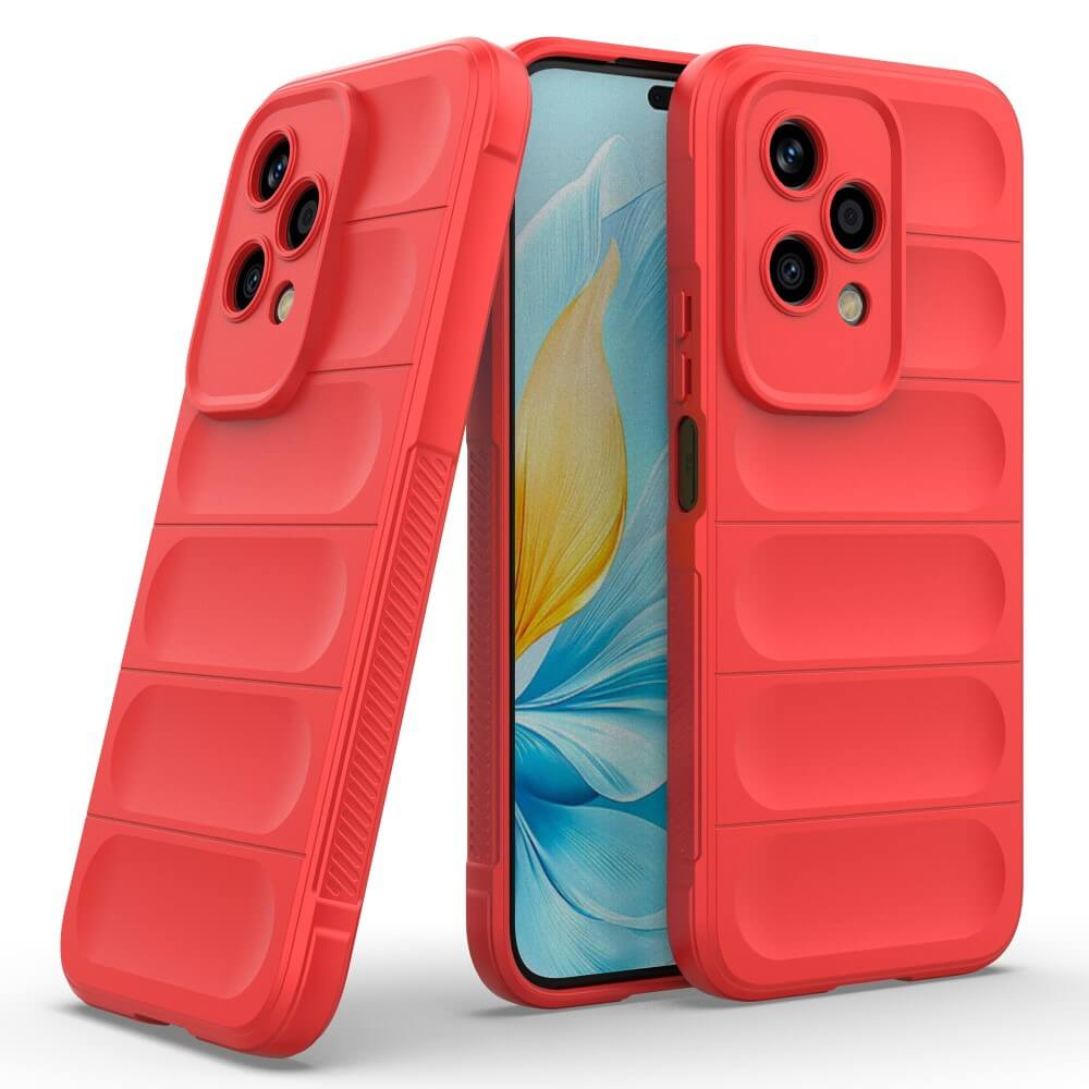 Tre custodie rosse per telefono con texture a coste. Una mostra le lenti.