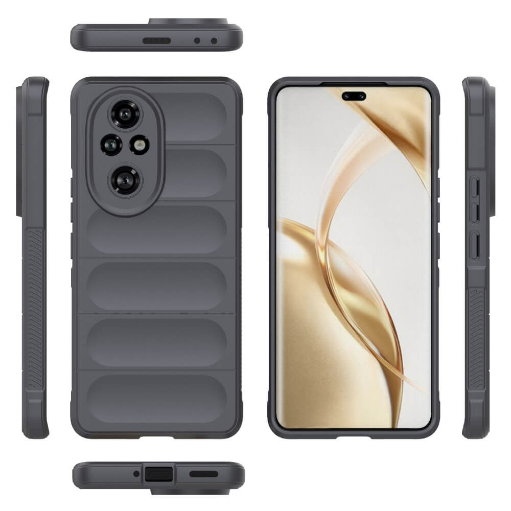 Tre viste di una custodia scura per telefono con ritaglio fotocamera e motivo a coste.