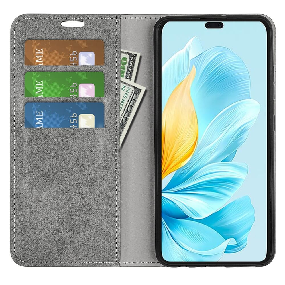 Custodia grigia per telefono con slot per carte e banconote accanto a uno smartphone.