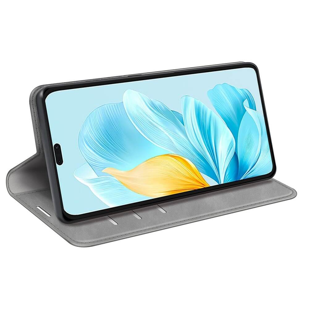 Una custodia a flip grigia per smartphone, con uno sfondo floreale blu e giallo.