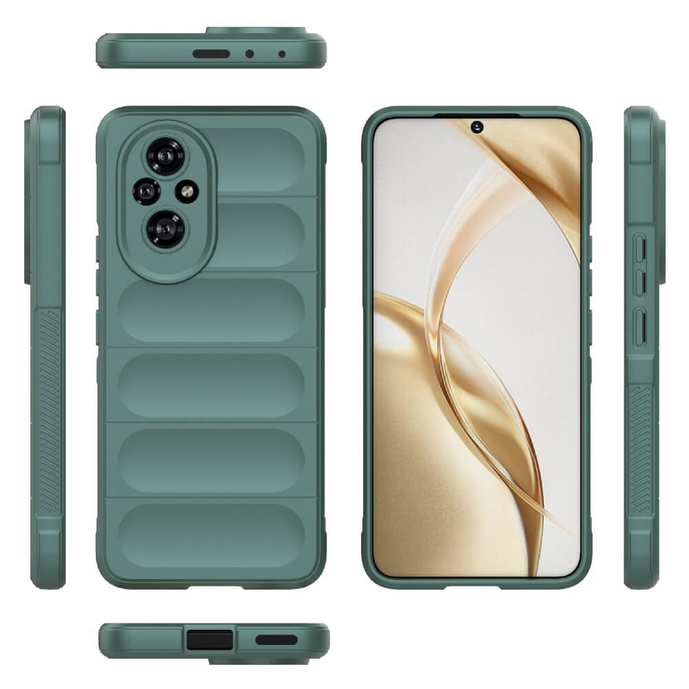 Custodia verde per telefono con protezione fotocamera e viste laterali.