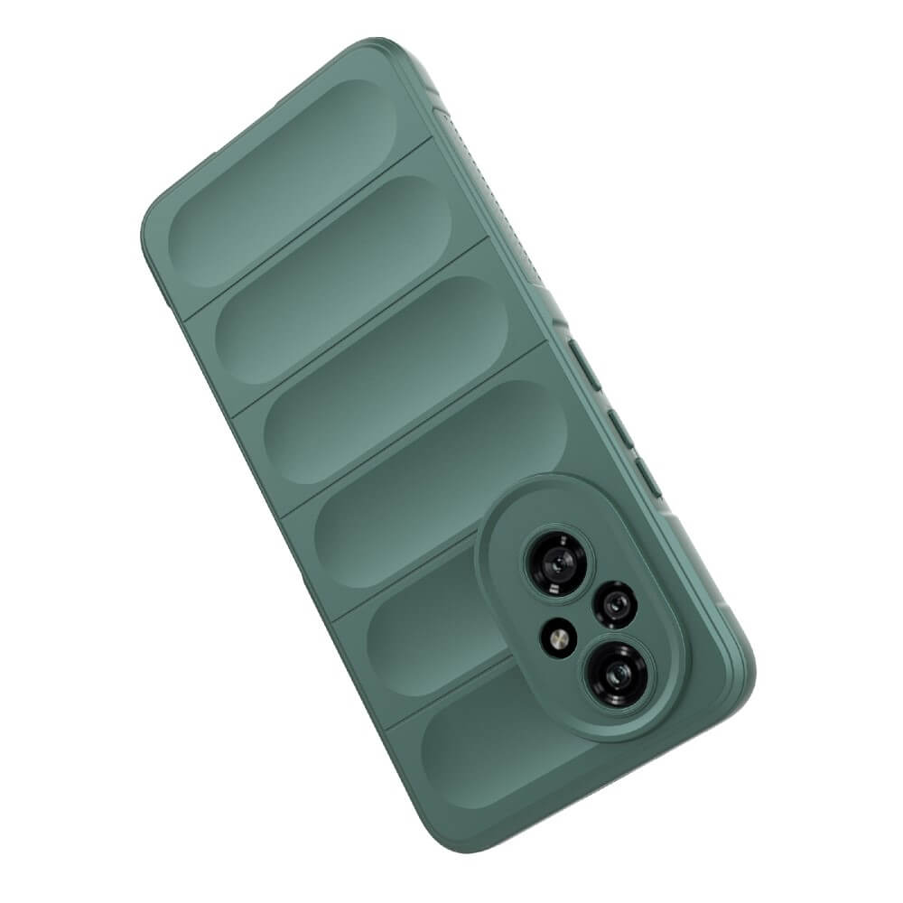 Custodia verde per telefono con creste e tre obiettivi.