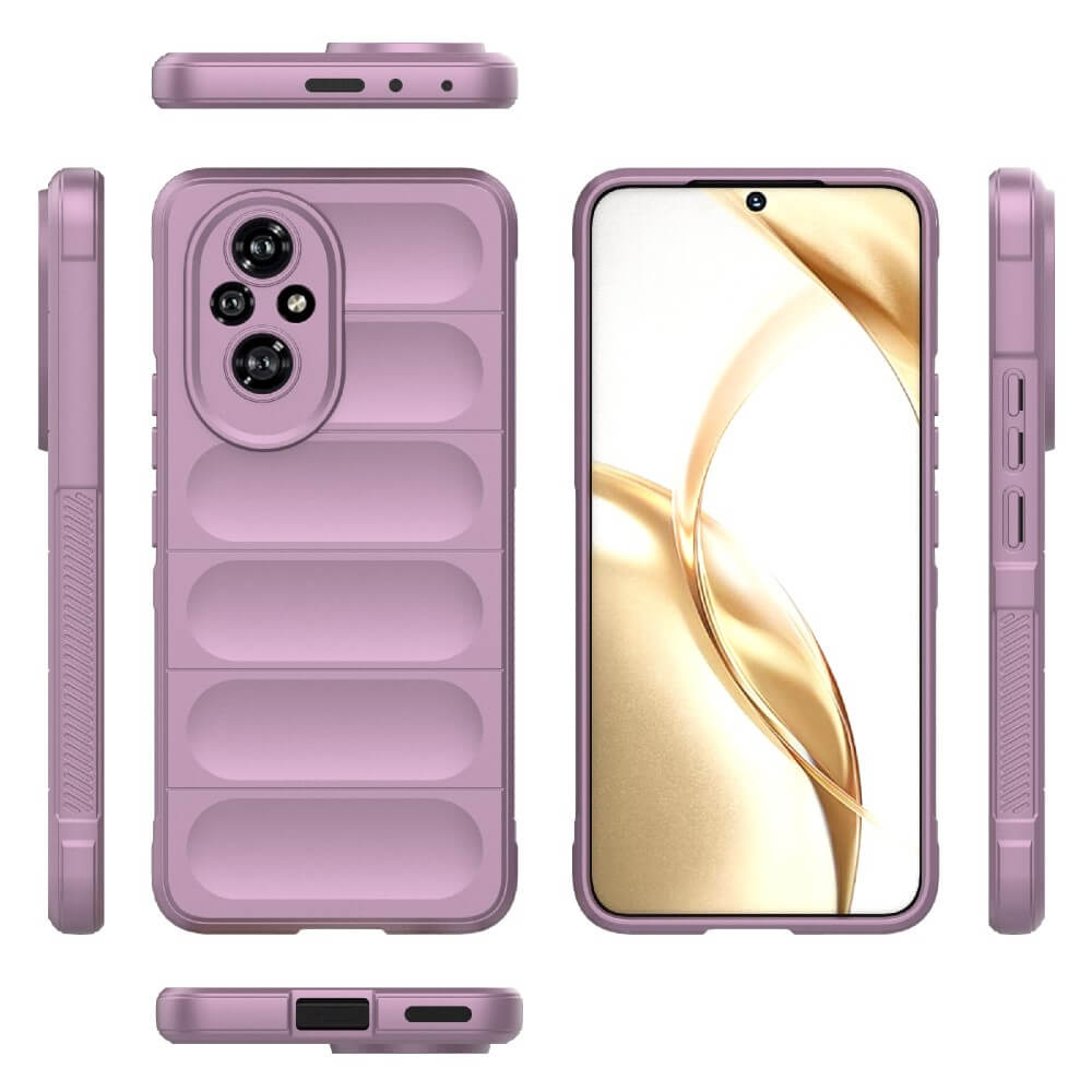 Custodia viola per telefono con ritaglio fotocamera e display sovrapposto.