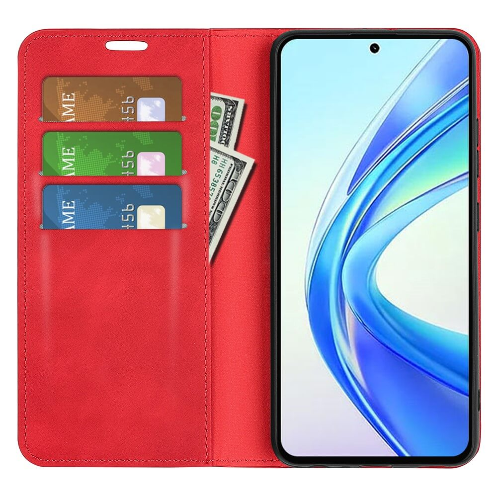 Custodia rossa per telefono con slot per carte e contanti, mostra telefono.