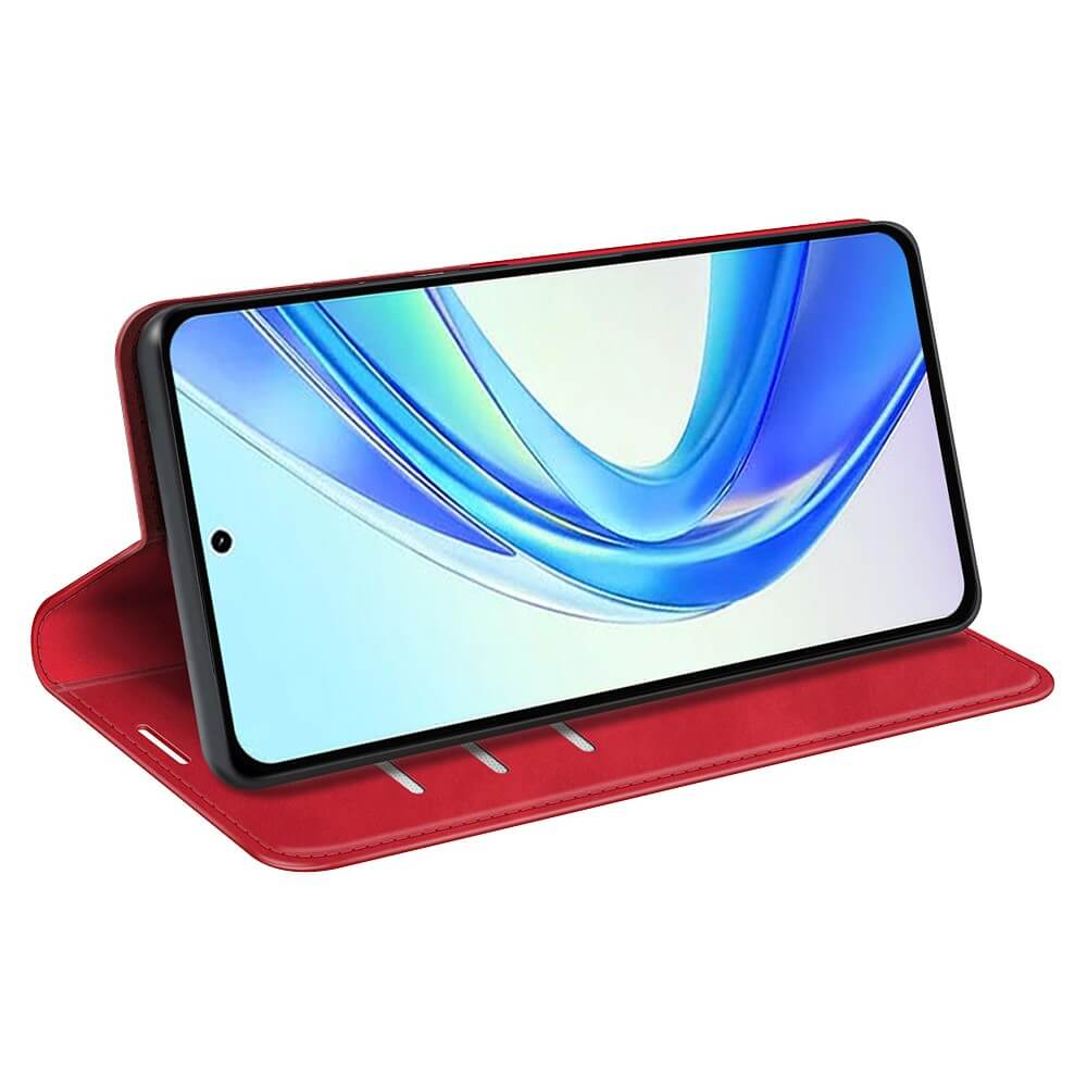 Uno smartphone rosso in una custodia aperta, che mostra onde blu e bianche.