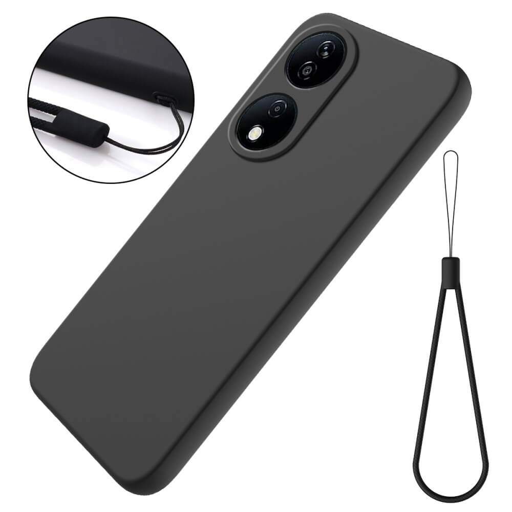 Una cover per telefono nera con laccetto, mostrata in dettaglio.